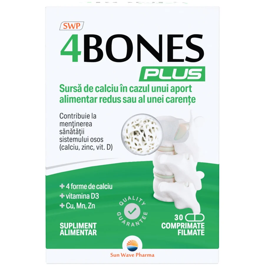 4 Bones Plus, Sun Wave Pharma, Calciu, magneziu, vitamina D3 pentru sănătatea sistemelor osos și muscular, 30 comprimate
