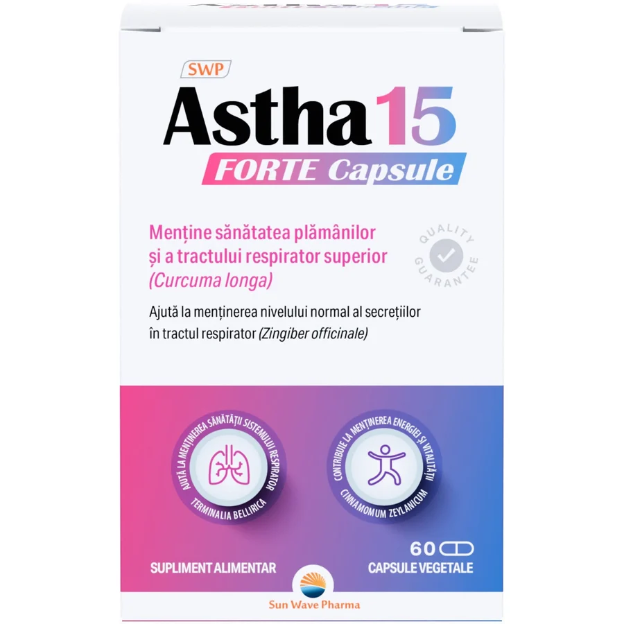 Astha 15 Forte, Sun Wave Pharma, Piper negru, scortisoara pentru sanatatea sistemului respirator, curcuma, cardamom, ghimbir, 60 capsule