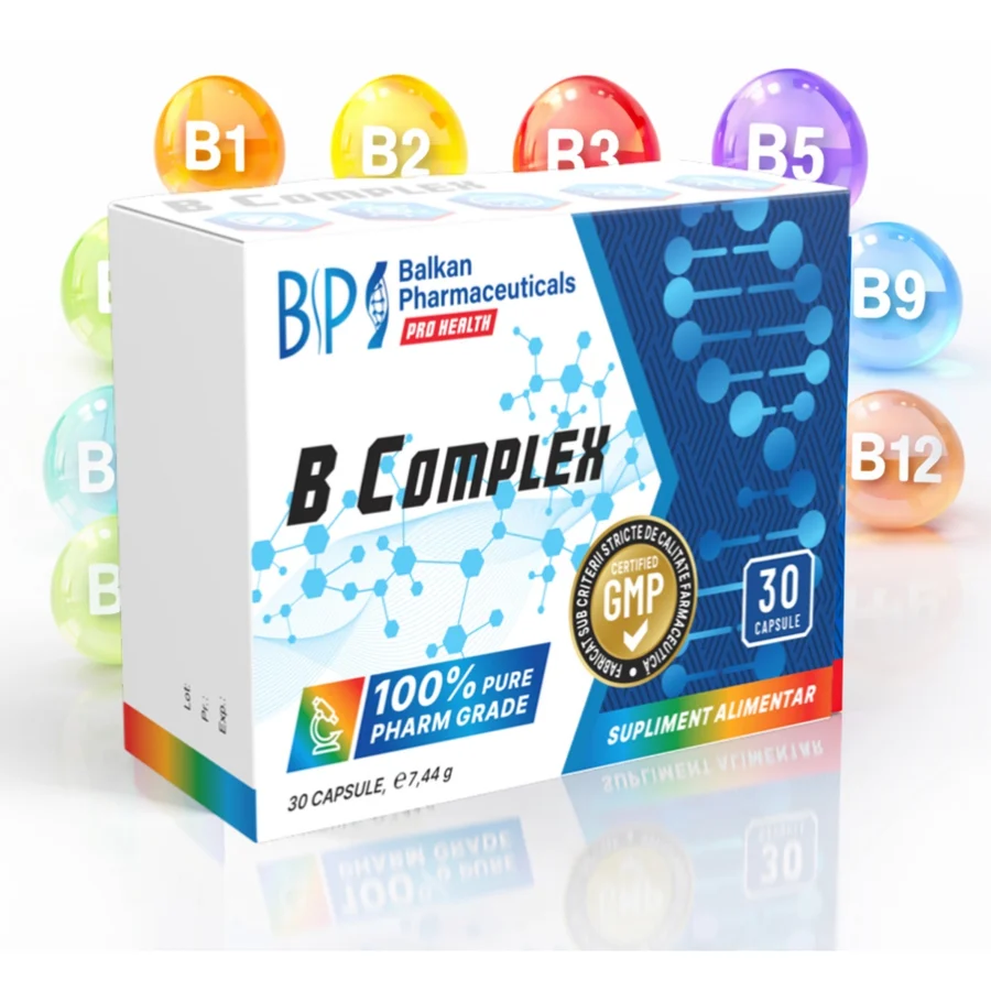 B Complex Balkan Pharmaceuticals® 30 Capsule, Complex Vitamine B1 B2 B3 B5 B6 B7 B9 B12, Energie si Metabolism, Sustine Sistemul Nervos, Imunitate, Par si Unghii Sanatoase