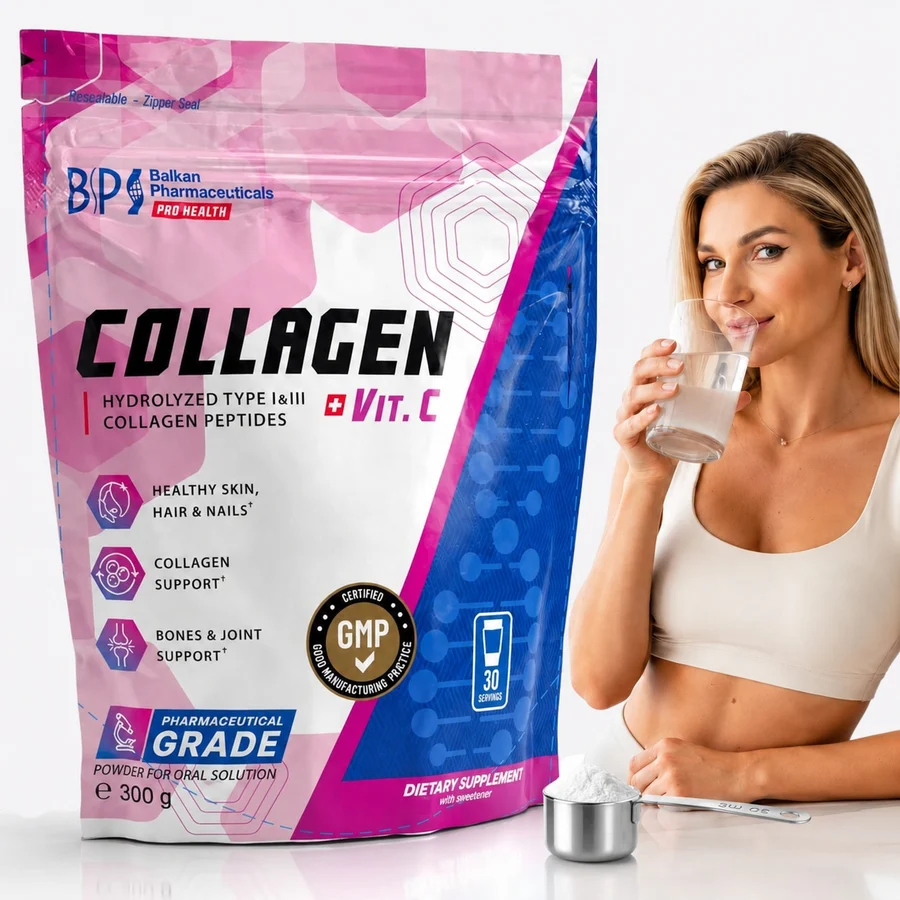 Colagen Hidrolizat +Vit C, colagen Tip I si III, 8320 mg Colagen/ portie pe zi, Balkan Pharmaceuticals®, pulbere 300 g-30 portii cu aroma de mar, impotriva ridurilor, Supliment pentru Piele, Par, Unghii, Articulatii, Oase si Mobilitate