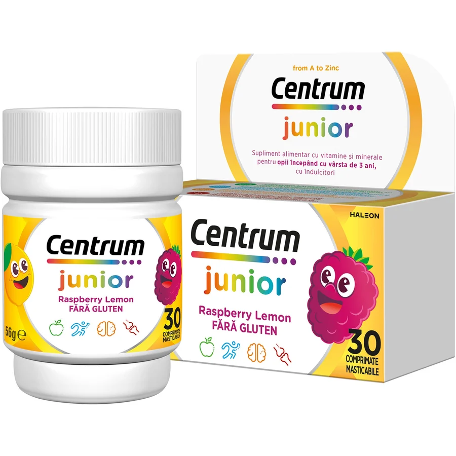 Complex de multivitamine si minerale Centrum Junior Pro A-Zinc, 4 ani+, dezvoltare cognitiva, sistem imunitar, sistem osos cu vitaminele A, C, D, magneziu si calciu, 30 de comprimate masticabile cu aroma de lamaie si zmeura, Haleon