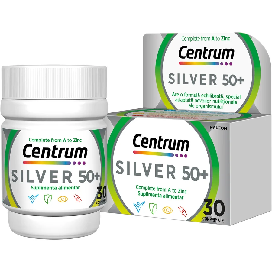 Complex de multivitamine si minerale Centrum pentru adulti 50 ani+, pentru sistem imunitar puternic, vitalitate, oase, ochi sanatosi cu vitaminele, A, B, C, D, K, acid folic, magneziu, cupru, seleniu, 30 de comprimate filmate, Haleon