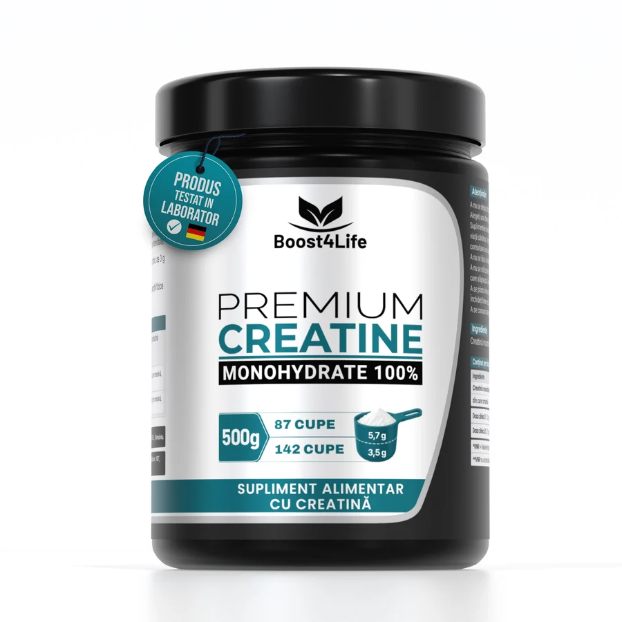 Creatina Monohidrata Premium, Boost4Life, 500 g, 87 sau 142 portii, cupa cu dozaj dublu 3, 5 g/5, 7 g, fara aroma, vegan