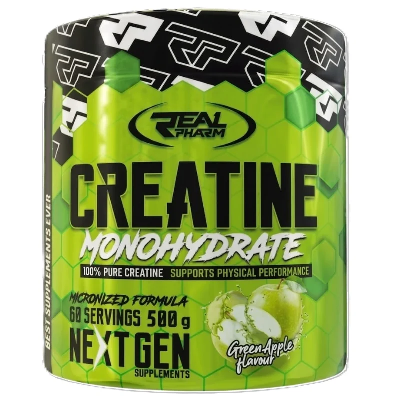 Creatina monohidrata Real Pharm, pudra 500 g, Creapure, pentru masa musculara, aroma mar verde, supliment alimentar pentru sportivi, calitate superioara, sustinere pentru antrenament intens