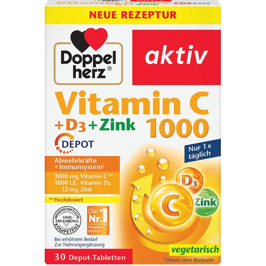 Doppelherz Aktiv Vit.C 1000mg + D3 + Zinc Depot, 30 comprimate