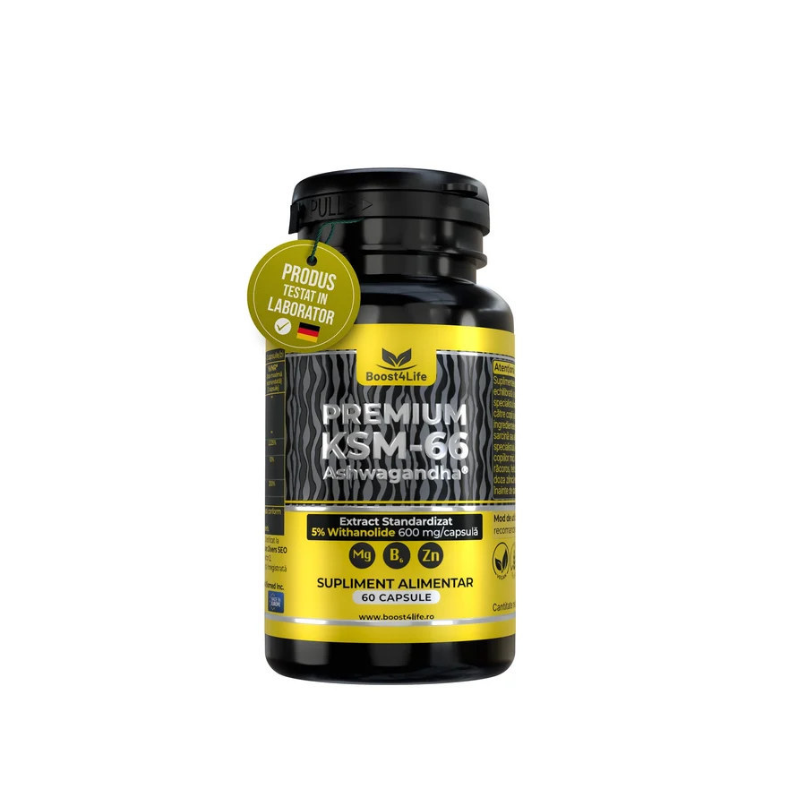 Extract de radacina Ashwagandha KSM-66® PREMIUM, 60 capsule vegane, 1200 mg/zi, Magneziu Bisglicinat, Zinc, Vitamina B6, Echilibru Psihic, Anxietate, Stres