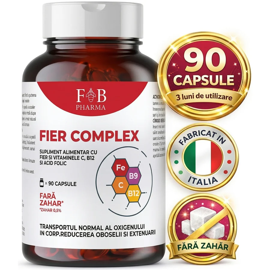 Fier + Vitamina C + B12 + Acid Folic F&B Pharma™ IronBoost Complex Pro, 90 Capsule, Formula BioActive4+, Supliment Energie, Imunitate si Reducere Oboseala, Oxigenare Celulara si Vitalitate Zilnica, Fabricat in Italia