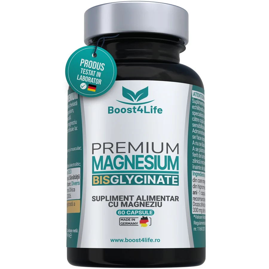 Magneziu Bisglicinat / Glicinat PREMIUM, Boost4Life, 60 capsule vegane, 815mg/magneziu bisglicinat