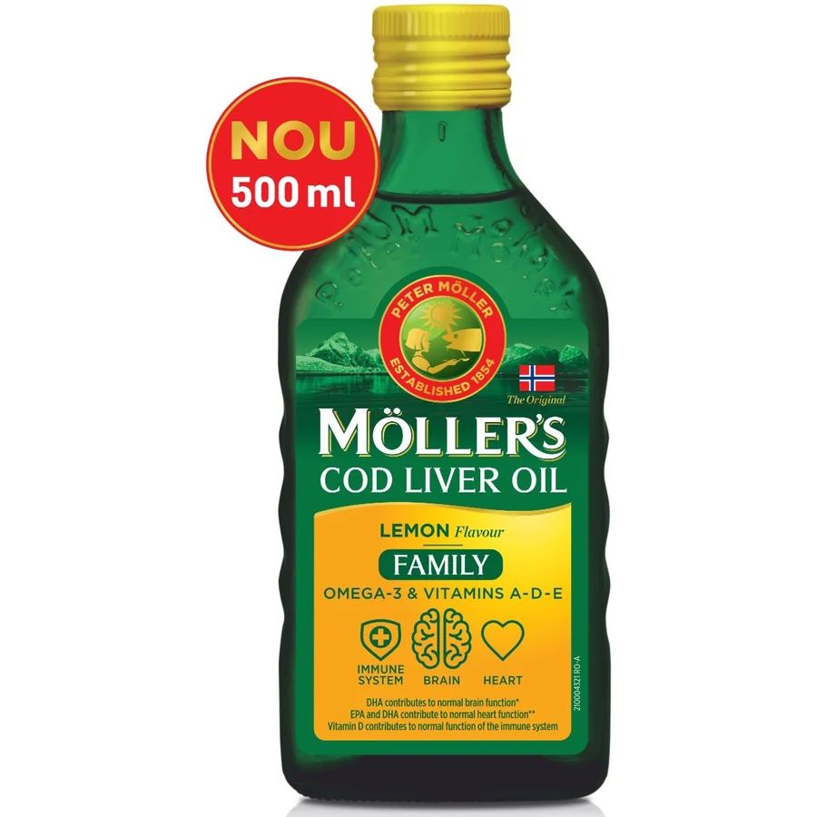 Moller's Cod Liver Oil Omega-3 Family, Aroma de lamaie, 500 ml