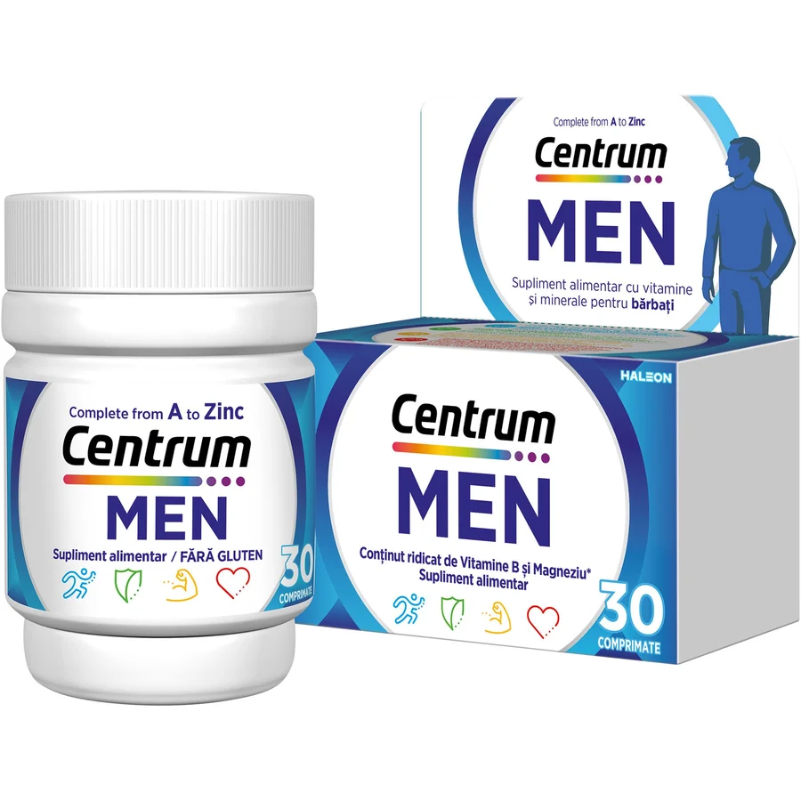 Multivitamin si minerale Centrum pentru sanatatea Barbatilor, pentru un sistem imunitar puternic, musculatura sanatoasa, energie zilnica, cu vitaminele B1, B2, B6, B12, A, C, D, Calciu si Magneziu, 30 de comprimate filmate, Haleon