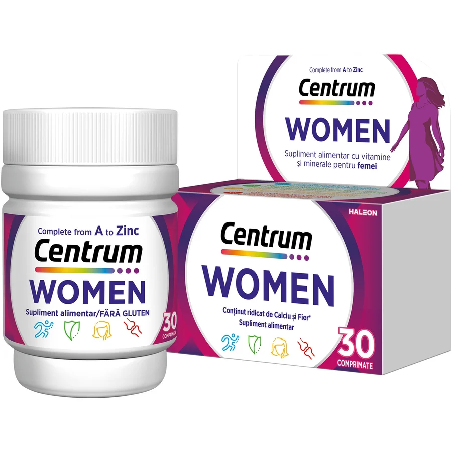 Multivitamine si minerale Centrum pentru santatea Femeilor, sistem imunitar puternic, energie zilnica, cu vitaminele B1, B2, B6, B12, A, C, D, K, 30 de comprimate filmate, Haleon