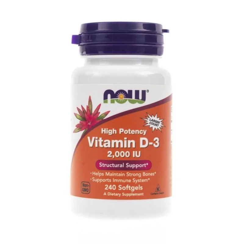 Now Foods Vitamina D3 2000 UI, colecalciferol, supliment alimentar, 240 capsule, suport imunitar si osos, sprijina absorbtia calciului, forma bioactiva, absorbtie optima, fara gluten, non-GMO
