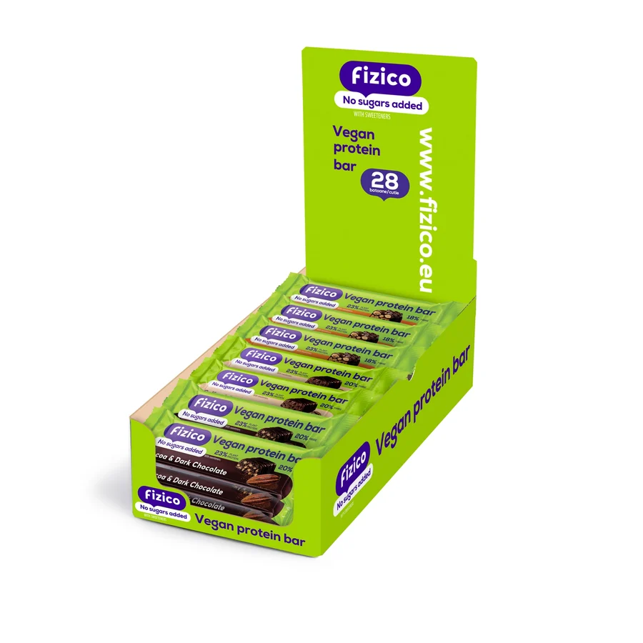 Pachet mixt cu 28 batoane proteice vegane, Fizico Vegan Protein Bar, fara zaharuri adaugate, 28x40g