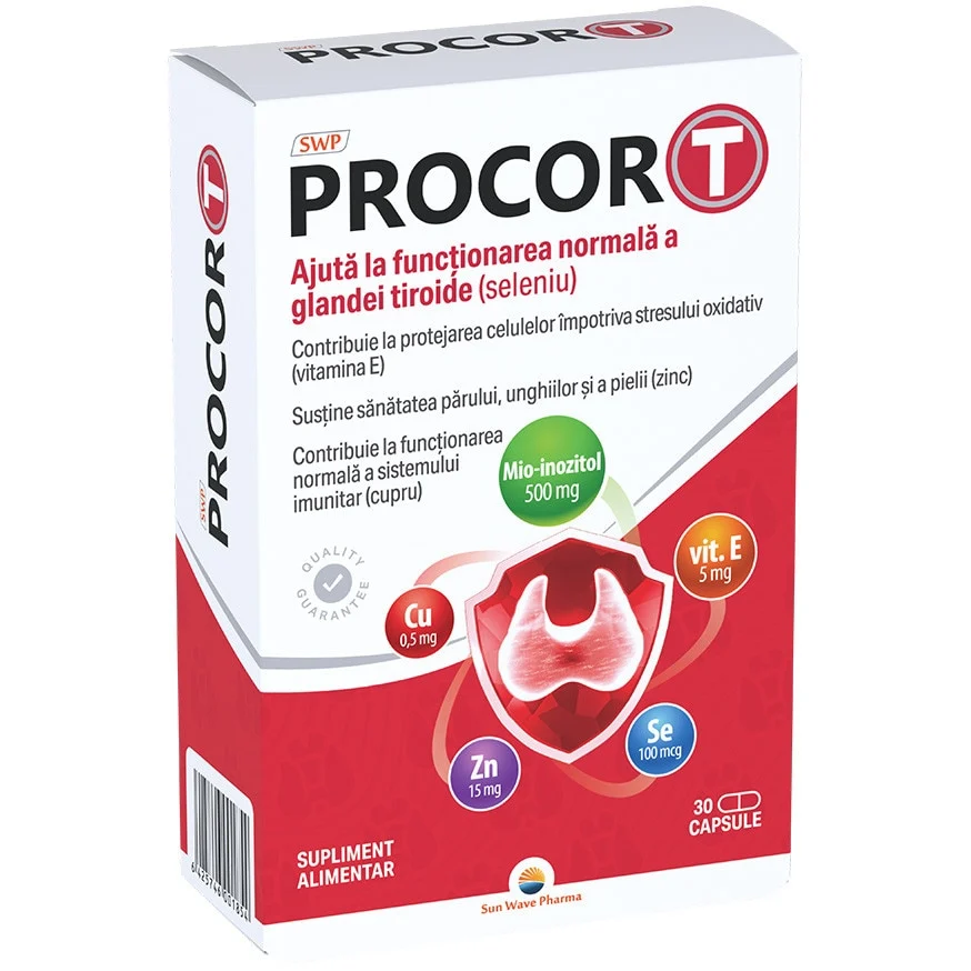 Procor T, Sun Wave Pharma, Seleniu pentru funcționarea normală a glandei tiroide, myo-inozitol, zinc, cupru, vitamina E, 30 capsule