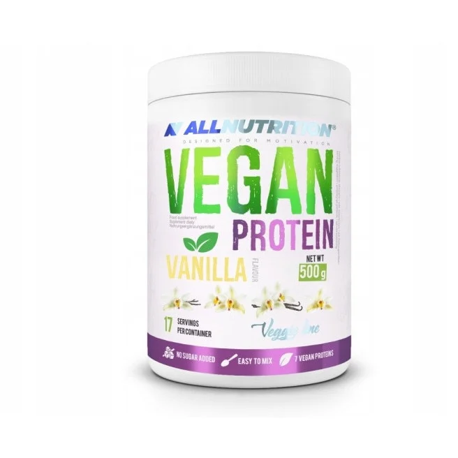 Pudra proteica vegana, ALLNUTRITION Vegan Protein, 500g, aroma de vanilie, fara zahar, pentru dieta vegana, sustinerea masei musculare recuperate si alimentatie sportiva echilibrata