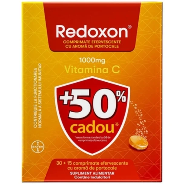 Redoxon® 1000mg Vitamina C contribuie la functionarea normala a sistemului imunitar. 30 + 15 comprimate efervescente, Portocale