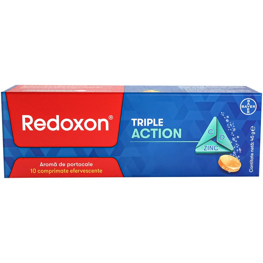 Redoxon® Triple Action, cu Vitamina C, D si zinc, contribuie la functionarea normala a sistemului imunitar. 10 comprimate efervescente.