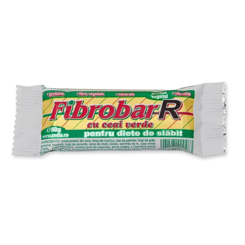 Set 12 X 50g batoane proteice Redis, Fibrobar-R cu ceai verde