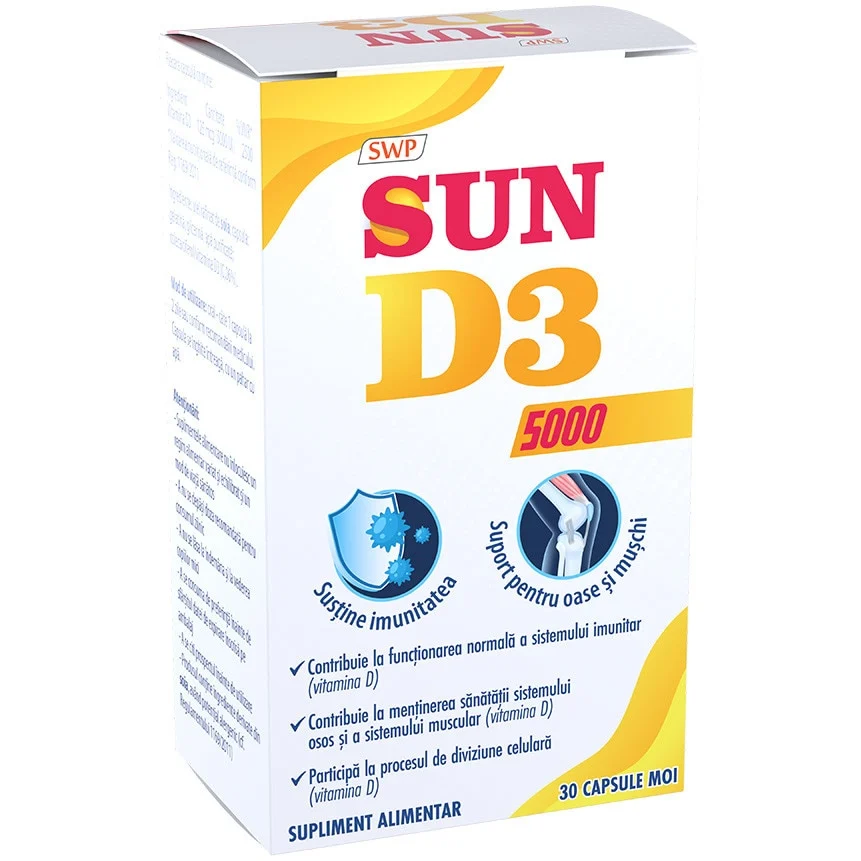 Sun D3 5000, Sun Wave Pharma, vitamina D3 5000 UI pentru frunctionarea normala a sistemului imunitar, 30 capsule moi