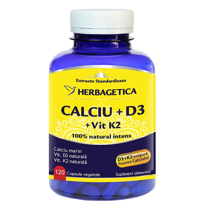 Supliment Alimentar Calciu cu Vitamina D3 si Vitamina K2 Herbagetica, 120 capsule