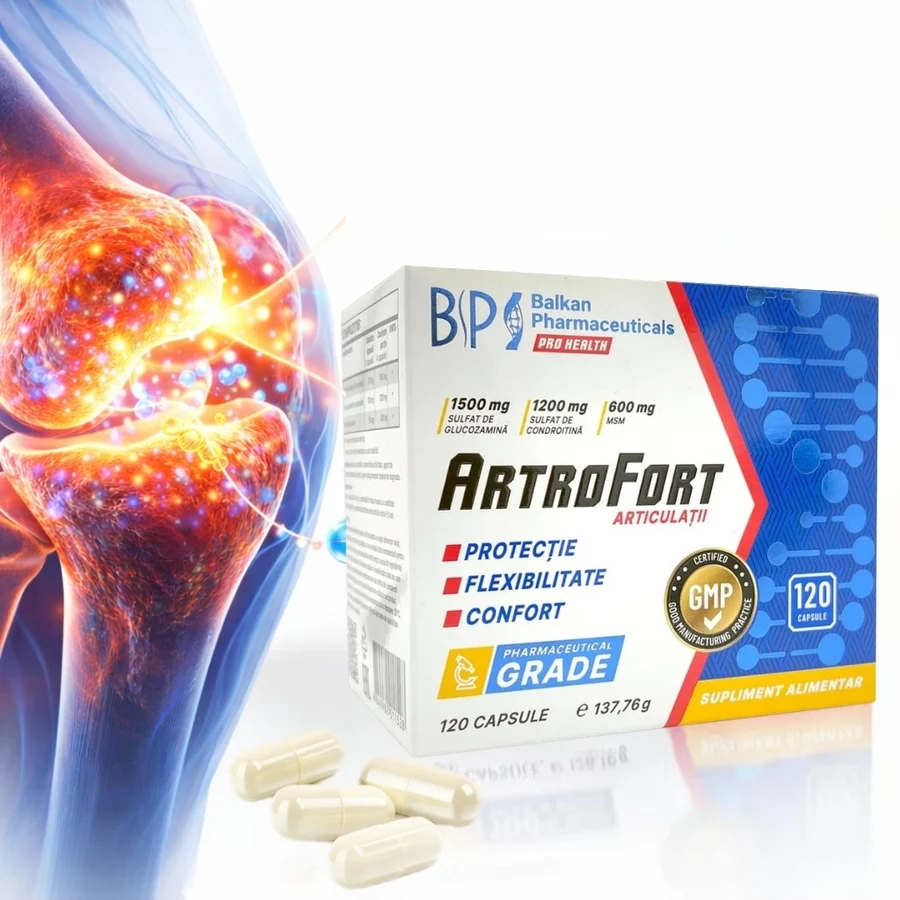 Supliment alimentar complex ArtroFort pentru articulatii, Balkan Pharmaceuticals®, ajuta la ameliorarea durerilor, reducerea inflamatiei si reactiilor alergice, sustine imunitatea, ideal pentru persoane active, 120 capsule