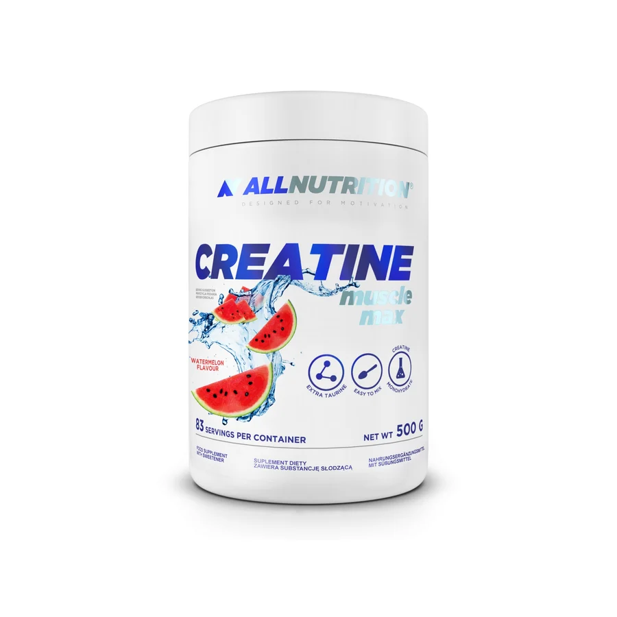 Supliment alimentar cu creatina monohidrata, ALLNUTRITION Creatine Muscle Max, 500 g, aroma pepene rosu, creatina micronizata cu taurina, fara zahar adaugat, cu gust fructat si solubilitate buna, pentru antrenamente intense si persoane active