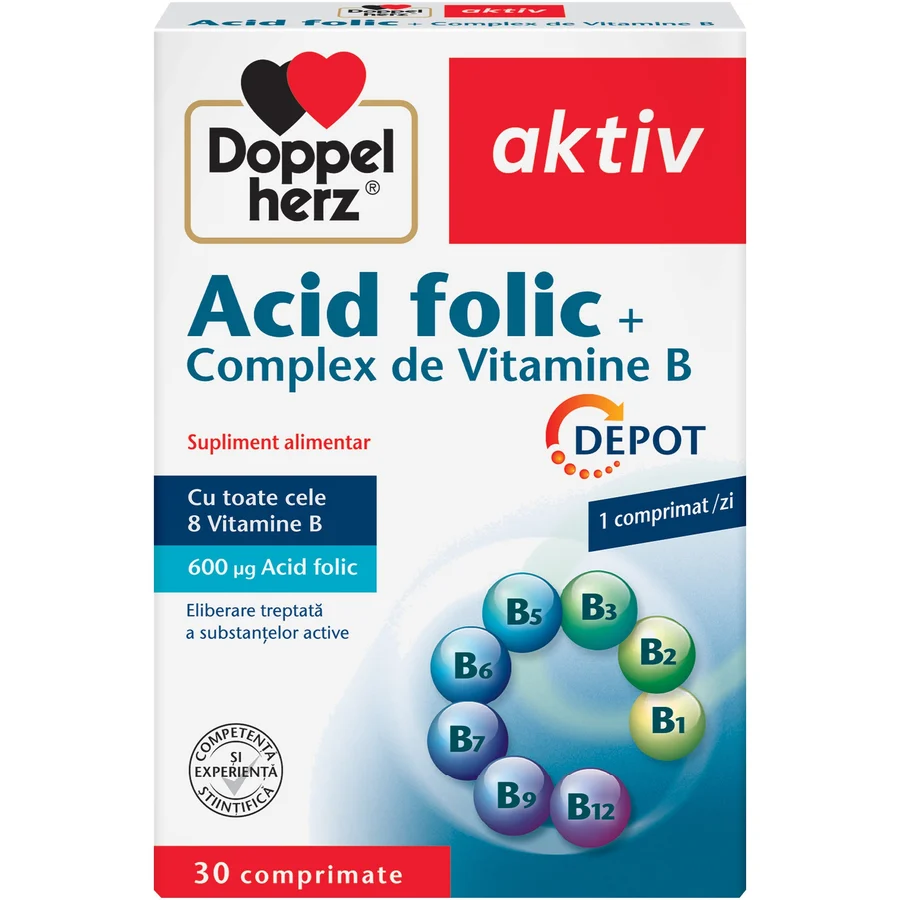 Supliment alimentar DOPPELHERZ ACID FOLIC + B-COMPLEX, 30 comprimate