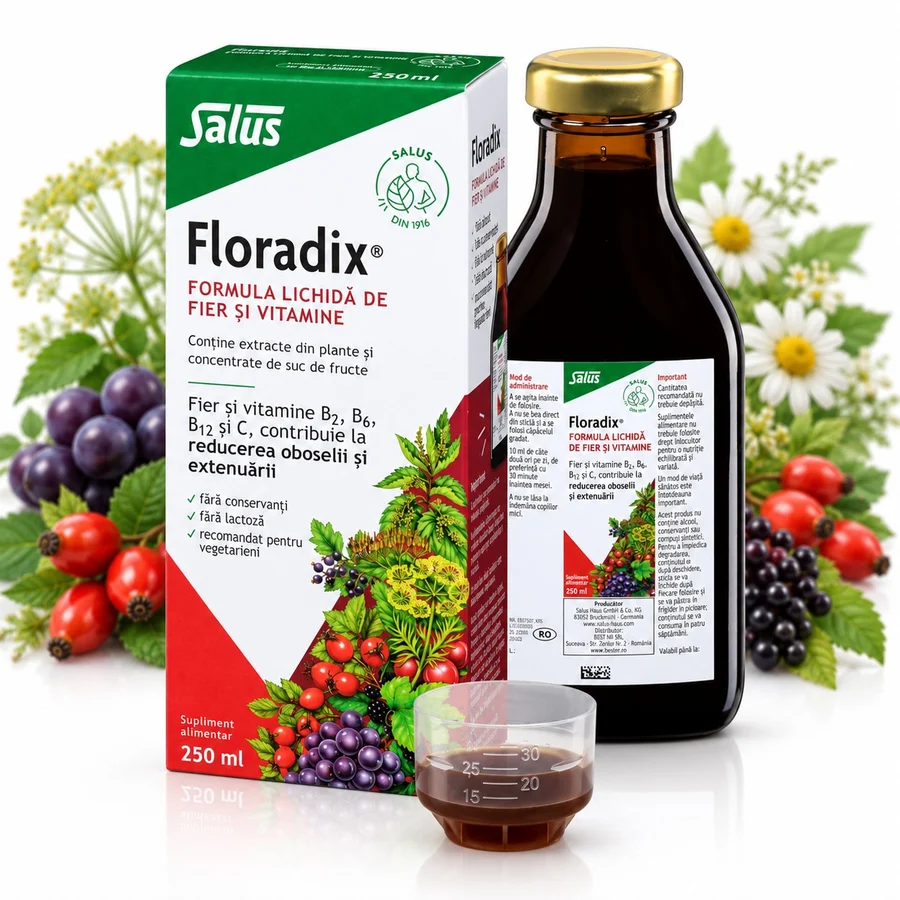 Supliment alimentar lichid Fier si Vitamine C, B2, B6, B12, Floradix® Salus 250 ml, Gluconat feros, din Plante si Fructe, pentru Energie, Metabolism, Reduce oboseala, extenuarea, Formarea globulelor rosii, Absorbtie crescuta, Fara Conservanti, Vegetarian