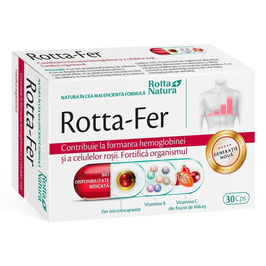 Supliment alimentar Rotta-Fer, Rotta Natura, Fier 15 mg + Vit C si Complex B, 30 capsule
