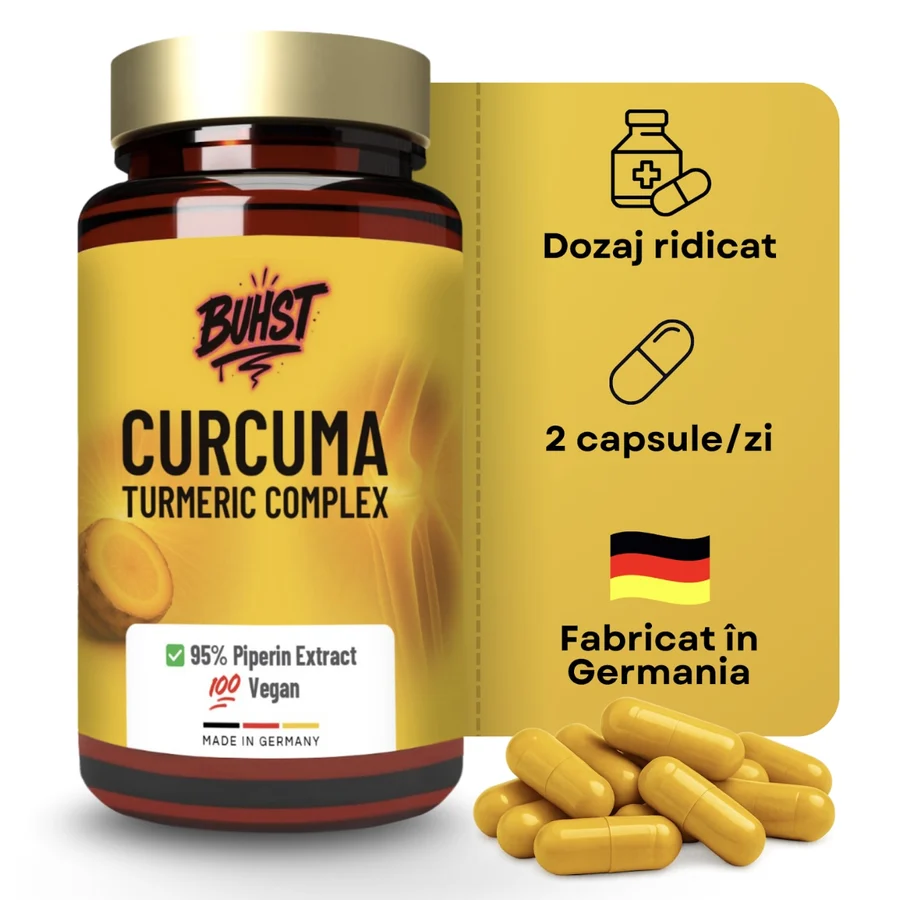 Supliment Alimentar Turmeric Curcuma, BUHST® Premium, Turmeric, Curcuma, 90 Capsule, Complex cu Curcumin, Ghimbir, Orz Verde si Piperina, Extract Natural Antiinflamator, Suport pentru Articulatii, Muschi, Digestie, Ficat, Imunitate si Energie