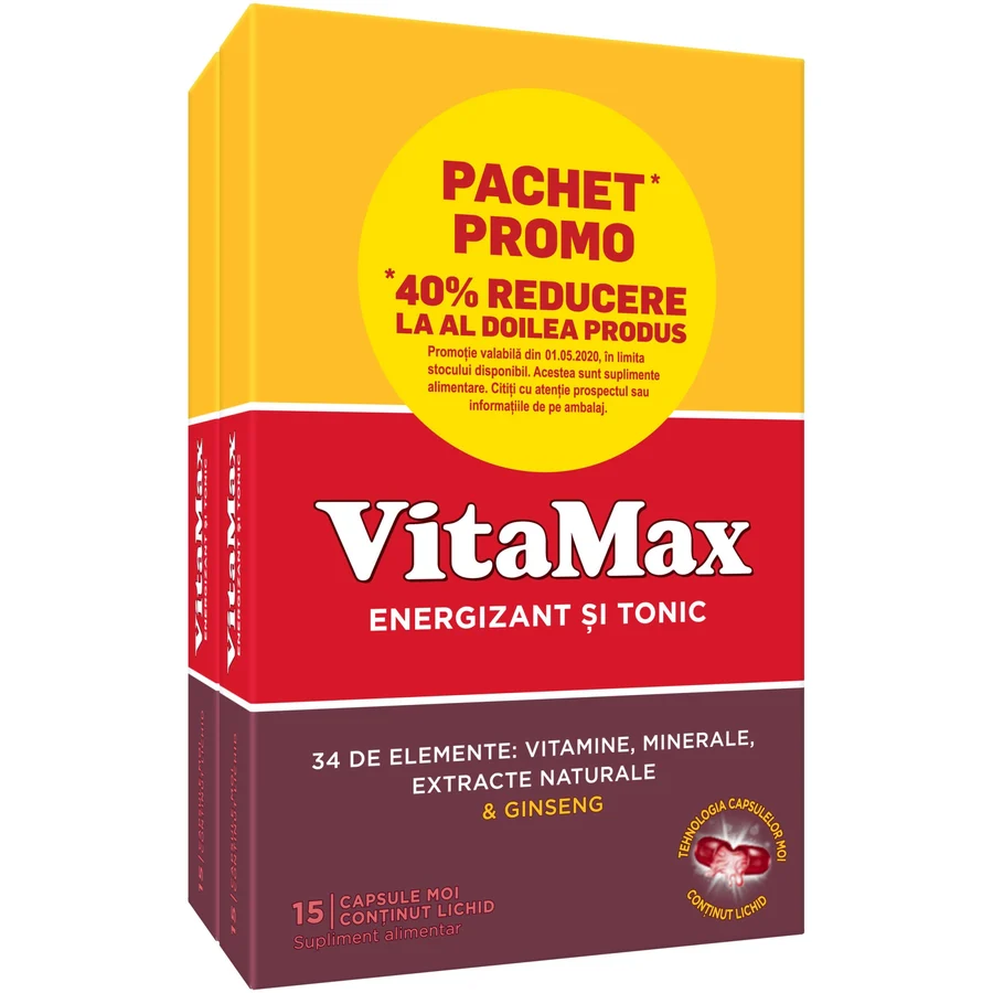 Supliment alimentar Vitamax, complex de vitamine, minerale si extract de ginseng, 2 x 15 capsule