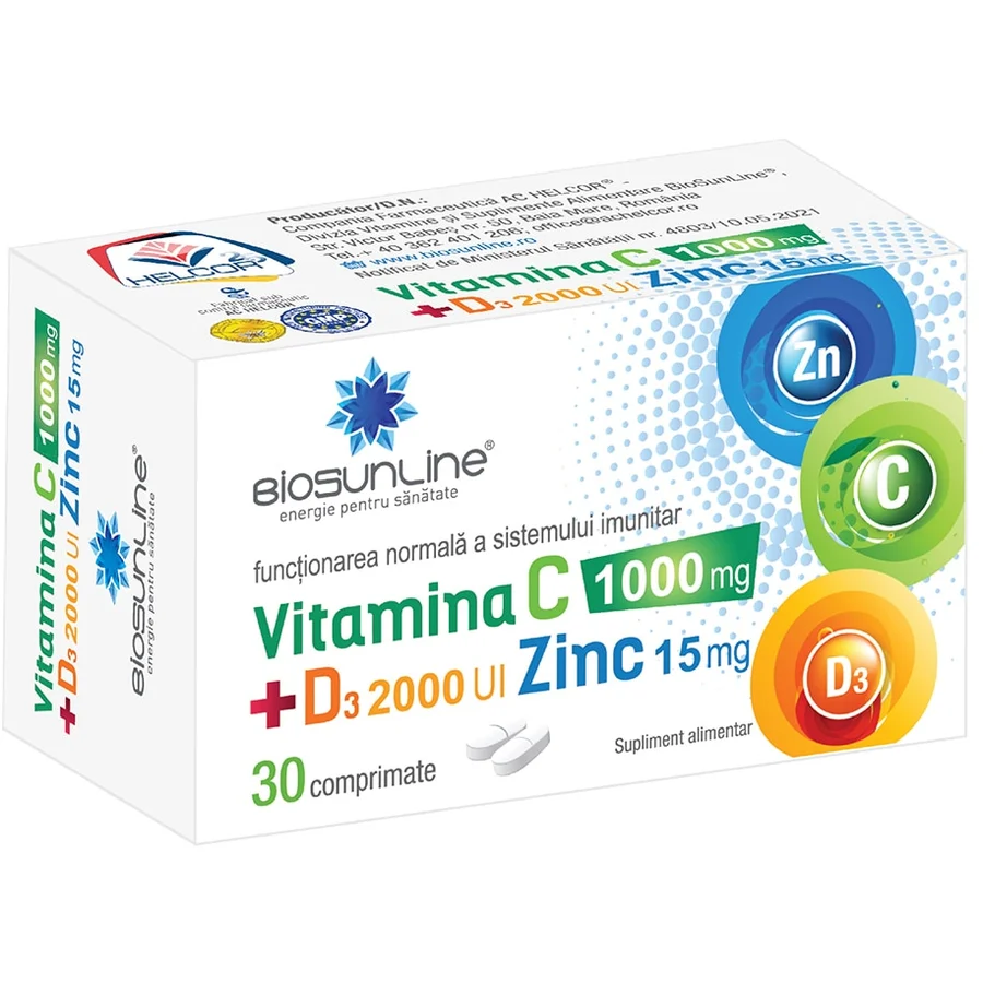 Supliment alimentar Vitamina C 1000 mg + D3 2000 UI + Zinc 15 mg, BioSunLine, 30 comprimate