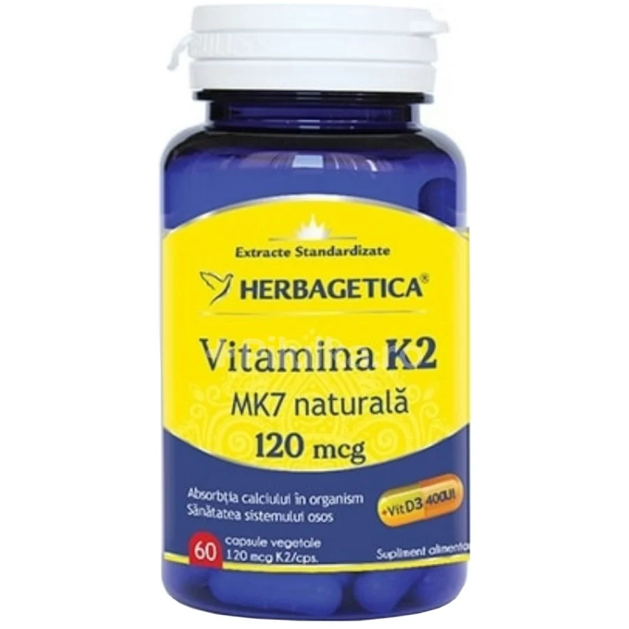 Supliment alimentar Vitamina K2 MK7 Naturala 120 mcg Herbagetica, 60 capsule