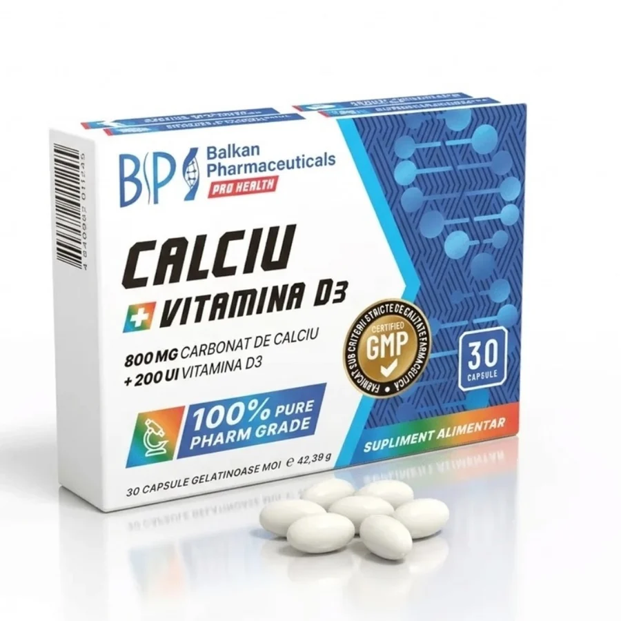 Supliment Calciu + Vitamina D3 Balkan Pharmaceuticals, 800 mg Carbonat de Calciu, 200 UI D3 Colecalciferol, Absorbtie Calciu, Suport Oase si Dinti, Functie Musculara, Capsule Softgel, 30 Capsule