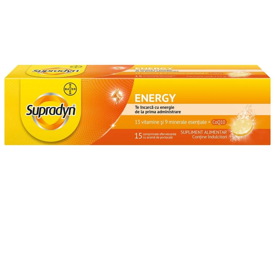 Supradyn® Energy, cu 13 vitamine, 9 minerale si Coenzima Q10. 15 comprimate efervescente, fara lactoza si gluten. Te incarca cu energie!
