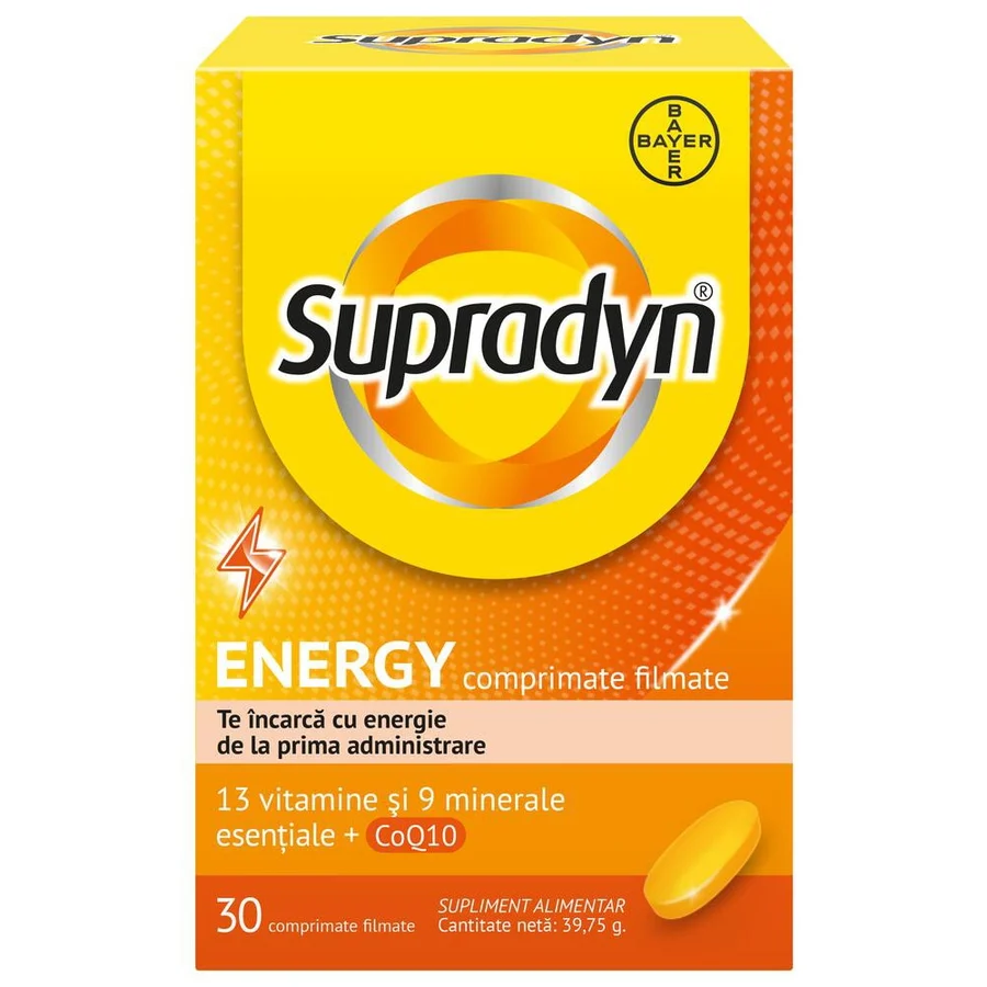 Supradyn® Energy, cu 13 vitamine, 9 minerale si Coenzima Q10. 30 comprimate filmate, fara lactoza si gluten. Te incarca cu energie!