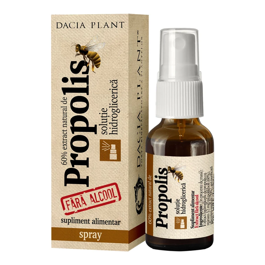 Tinctura Propolis fara Alcool, Dacia Plant, Supliment Alimentar pentru Sanatatea Cavitatii Bucale, a Faringelui, a Amigdalelor si a Pielii, 20 ml