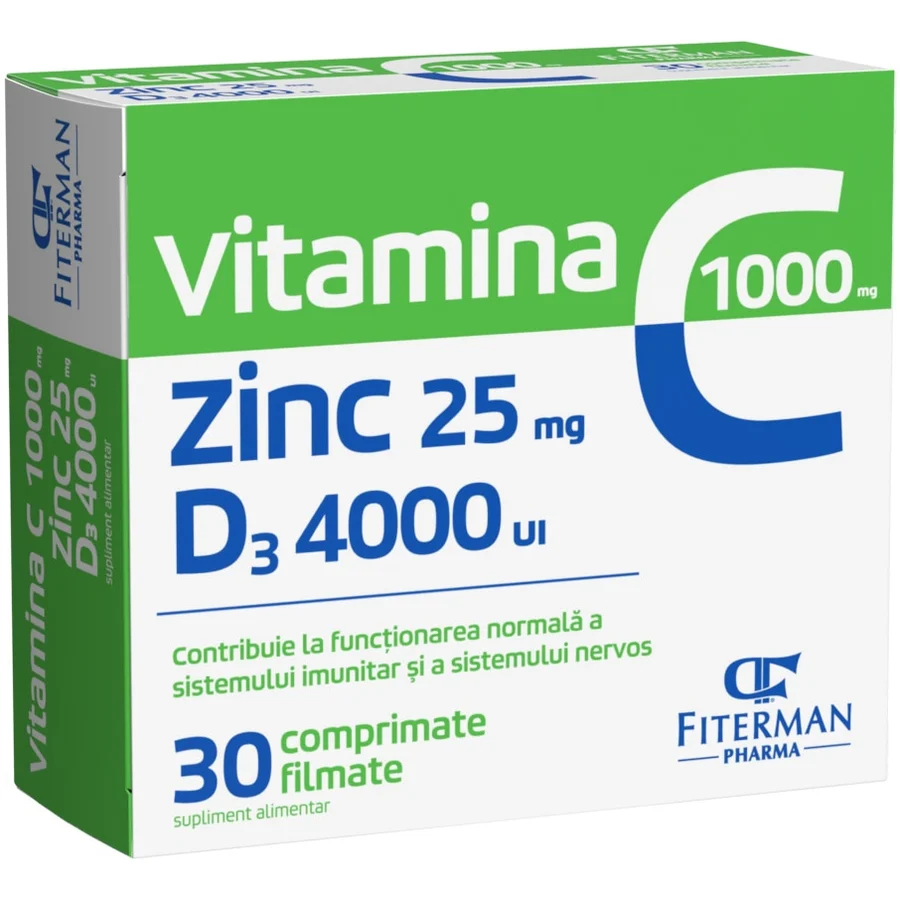 Vitamina C 1000mg + Zinc 25mg + D3 4000UI, 30 comprimate filmate, Fiterman